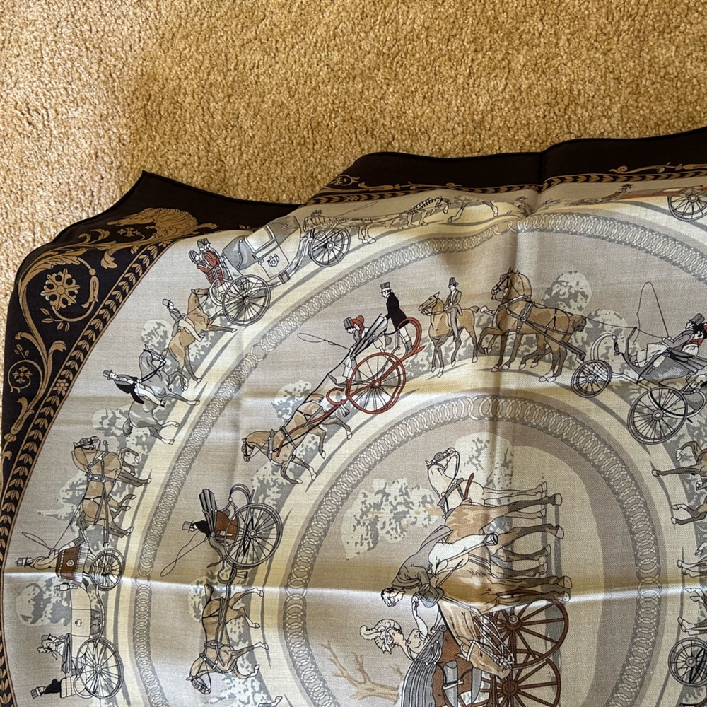 NWT Equestrian Horse Carriage Silk Wool Scarf 100x100cm Hermes Style - Picture 6 of 10
